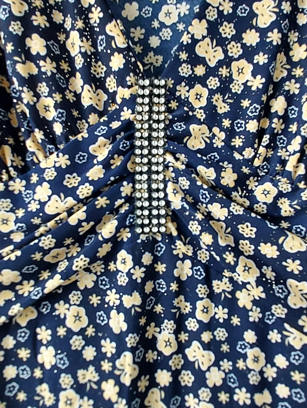 Silk Dress V Neck Sleeveless  Rhinestone Glitter Navy Floral Y2K Babydoll L/XL